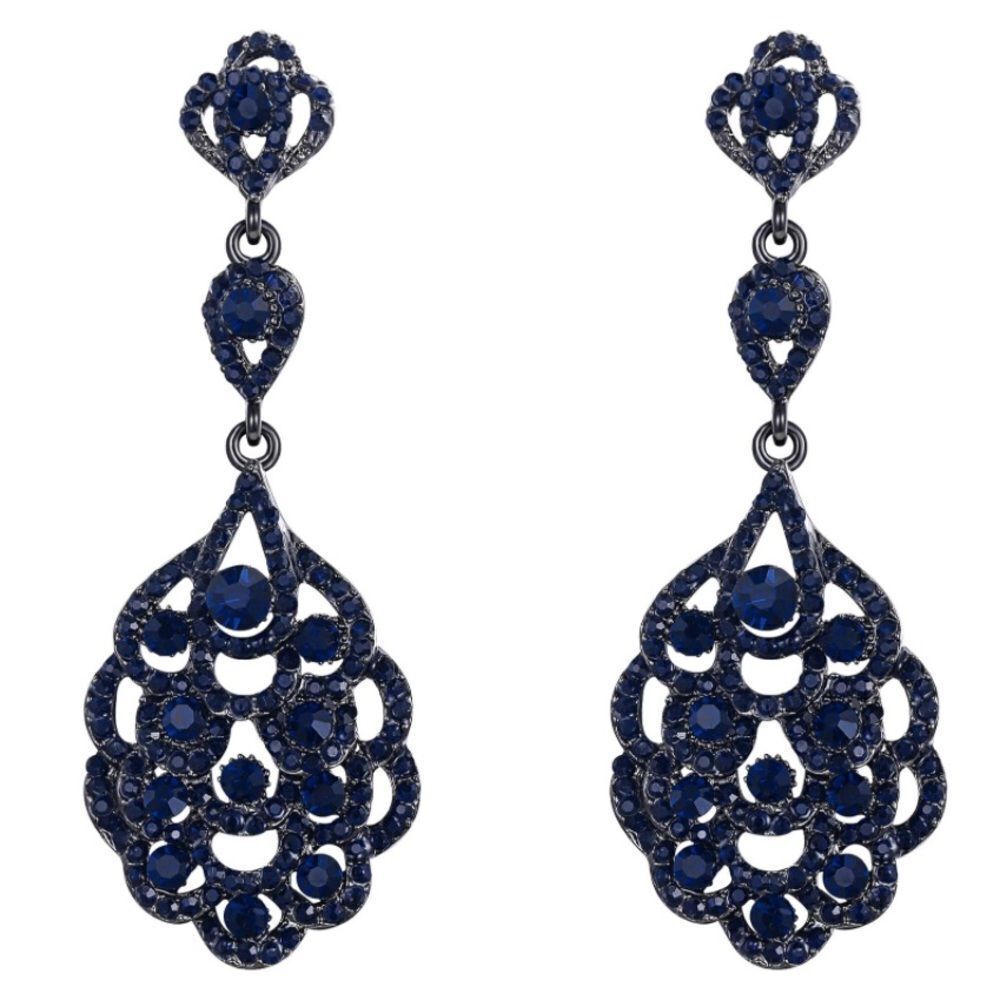Gun Metal with Deep Blue Sapphire Austrian Crystal Dangling Clip On Earrings